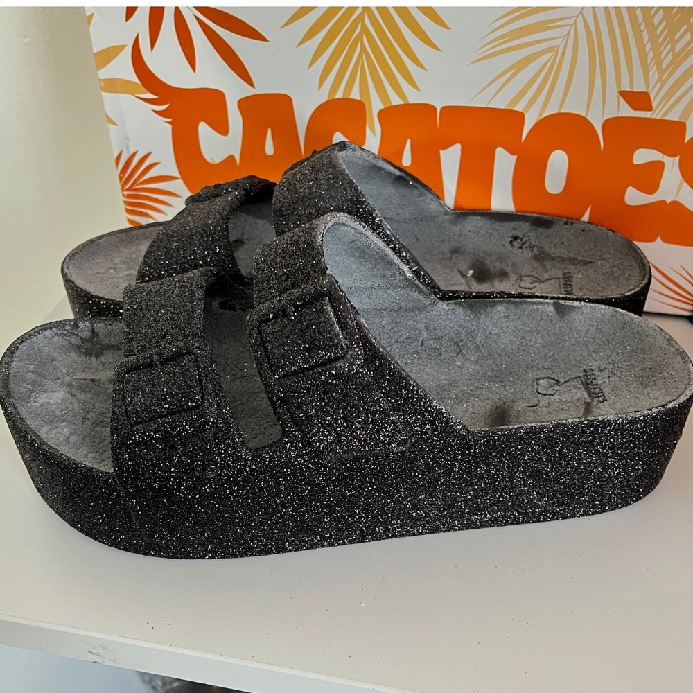Cacatoes Caipirinha‎ Glitter Slides Women Size 39 Black Platform Sandals 22S1000